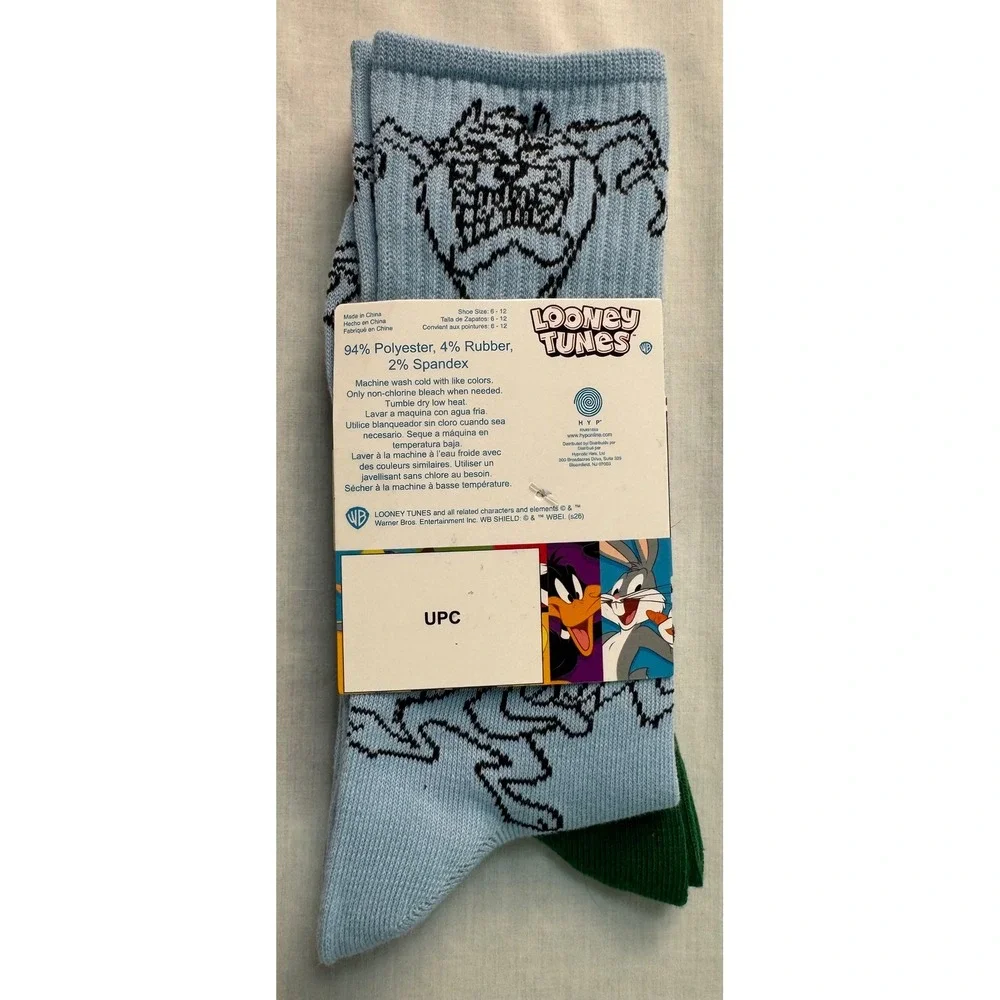 Looney Tunes Bugs Bunny Tasmanian Devil Crew Socks 2 Pair Mens Green Blue 6-12